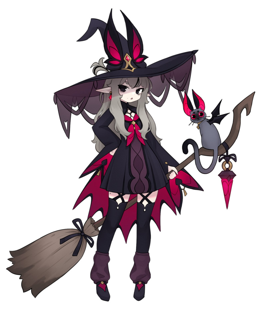 1girl, animal_ears, bat_ears, bat_wings, black_dress, black_eyes, black_hat, black_shoes