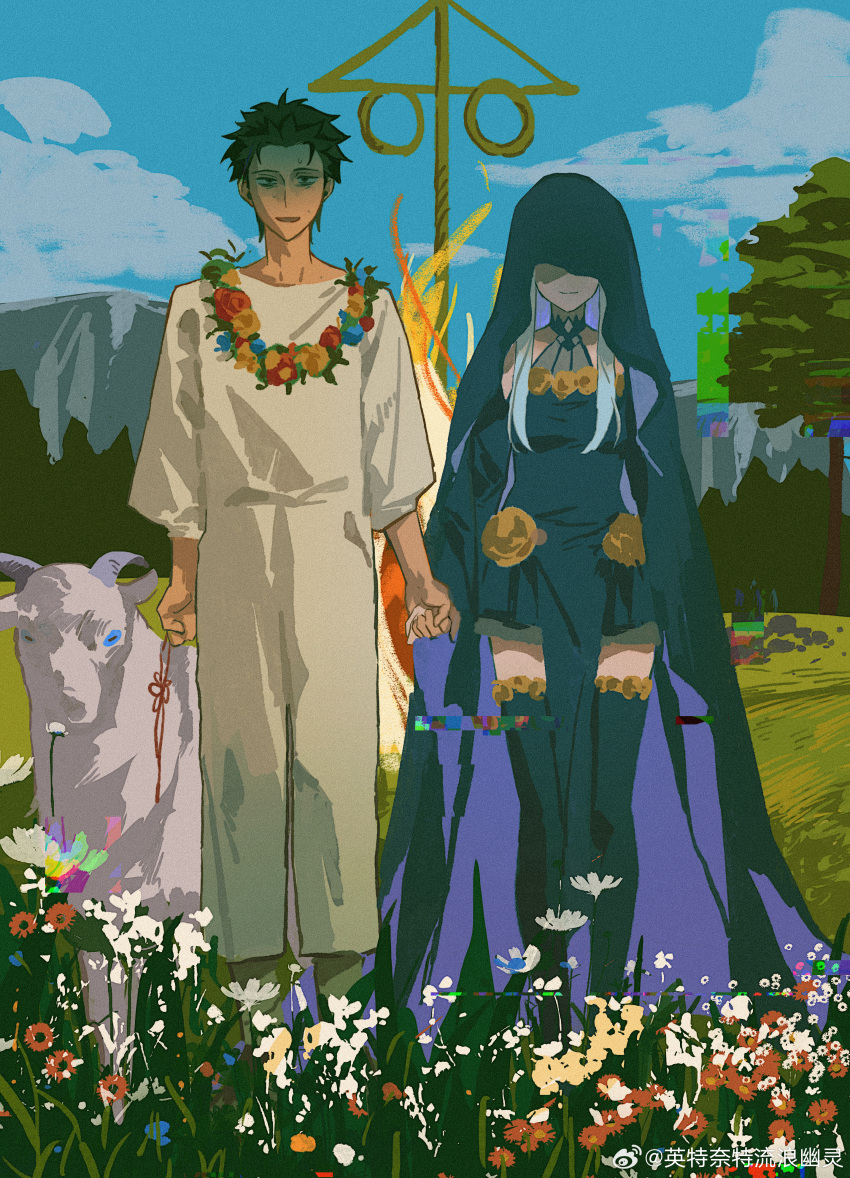 1boy, 1girl, absurdres, animal, bags_under_eyes, black_dress, black_hair, black_veil, blue_sky, chinese_commentary, closed_mouth, commentary_request, day, dress, field, flower, flower_field, flower_wreath, full_body, glitch, grass, highres, holding_hands, long_hair, long_sleeves, looking_at_viewer, midsommar, natsuki_subaru, outdoors, re:zero_kara_hajimeru_isekai_seikatsu, satella_(re:zero), sheep, short_hair, sky, smile, span_(shibanyu63868), standing, thigh-highs, tree, veil