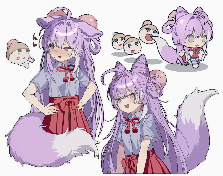 0_o_s_k, :3, ahoge, animal_ears, blue_eyes, blush, cone_hair_bun, fang
