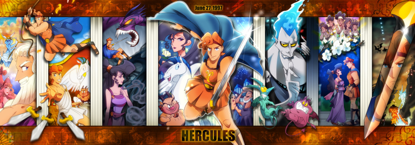 6+boys, 6+girls, absurdres, airagency1005, animal_ears, blonde_hair, brown_hair, calliope_(disney), clio_(disney), crossed_legs, fire, gradient_hair, hades_(disney), hera_(mythology), hercules_(1997_movie), hercules_(disney), hermes_(disney), highres, hydra, hydra_(disney), long_hair, male_focus, megara_(disney), melponene_(disney), monster, multicolored_hair, multiple_boys, multiple_girls, pain_(disney), panic_(disney), pegasus, pegasus_(disney), philoctetes, purple_hair, red_hair, riding, short_hair, terpsichore_(disney), thalia_(disney), zeus_(disney)