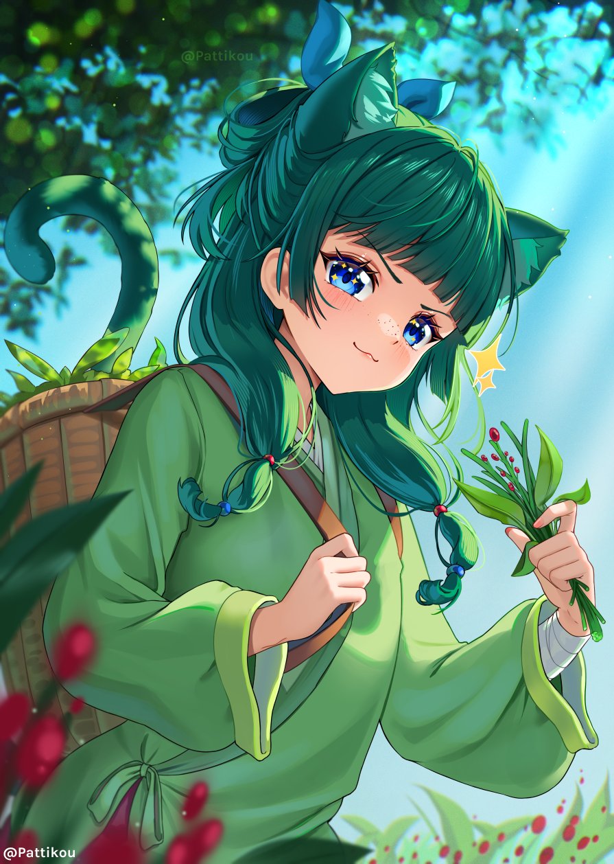 >:), 1girl, :3, animal_ear_fluff, animal_ears, aoqun, backpack_basket, bandaged_arm