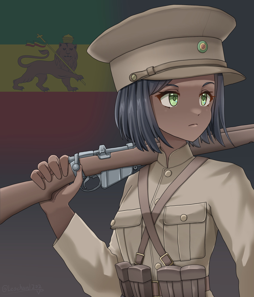1girl, absurdres, ammunition_pouch, artist_name, belt, black_hair, bolt_action, brown_belt