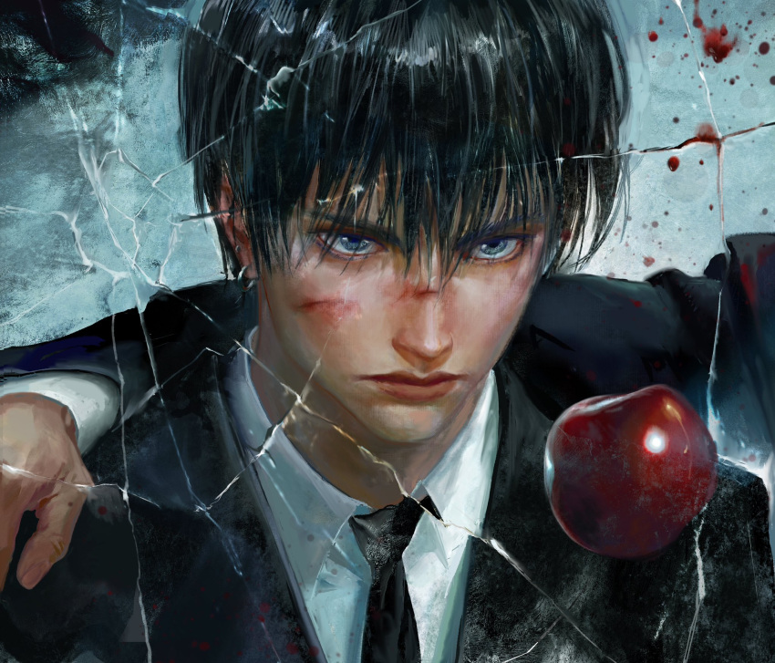 1boy, apple, black_hair, black_necktie, black_suit, blood, blood_on_glass, blue_eyes