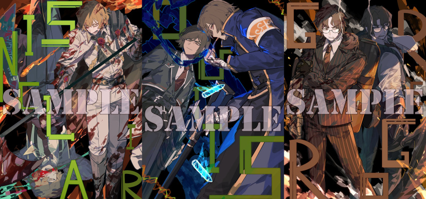 2girls, 4boys, absurdres, armband, armor, arthropod_limbs, ascot, bandaged_hand