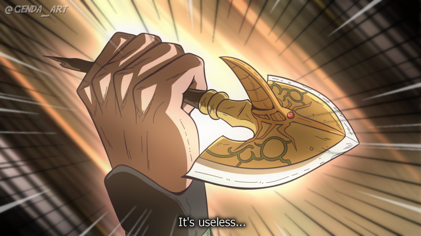 arrow_(jojo), arrow_(projectile), english_text, genda_art, giorno_giovanna, hand_focus, highres, holding
