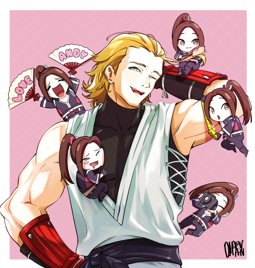 1boy, 5girls, :3, andy_bogard, arm_behind_head, arm_guards, aroused, black_undershirt