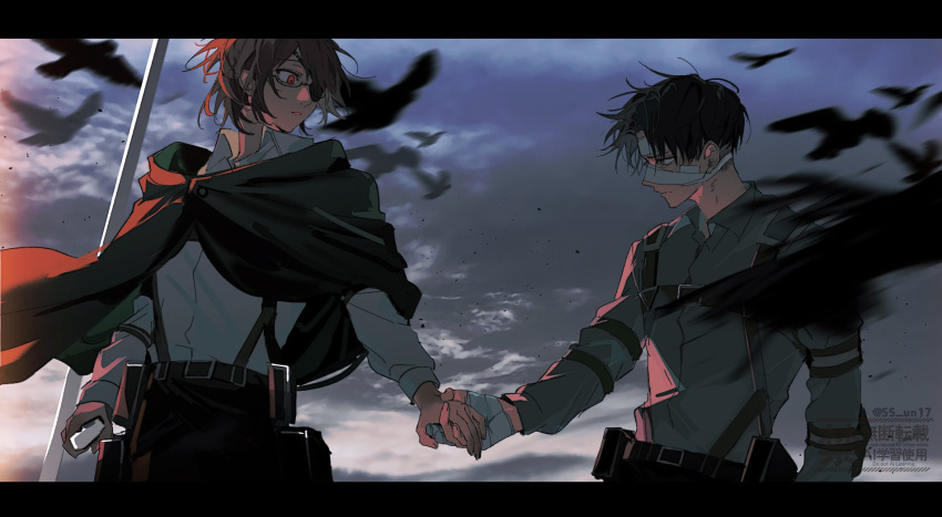 1boy, 1other, bandaged_hand, bandaged_head, bandages, bandaid, bandaid_on_cheek, bandaid_on_face