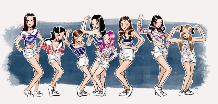6+girls, artenikat, black_hair, blue_background, brown_hair, cardigan, closed_eyes, commentary