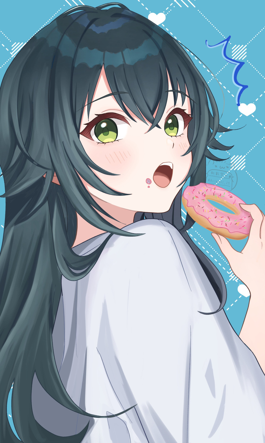 1girl, :o, ^^^, absurdres, amashi_2278, argyle_background, blue_background, dotted_line, doughnut, eating, food, food_on_face, gakuen_idolmaster, green_eyes, green_hair, highres, holding, holding_food, idolmaster, long_hair, shirt, solo, tsukimura_temari, upper_body, white_shirt