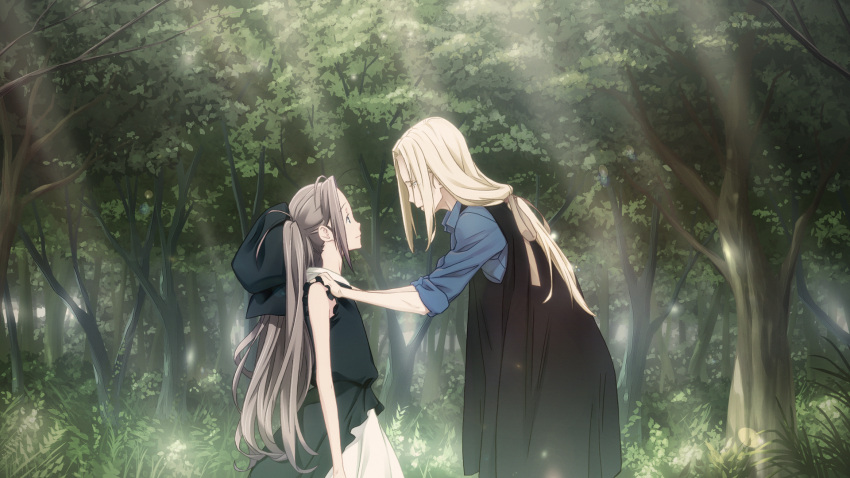 1boy, 1girl, antenna_hair, black_dress, blonde_hair, blue_bow, blue_eyes, blue_shirt