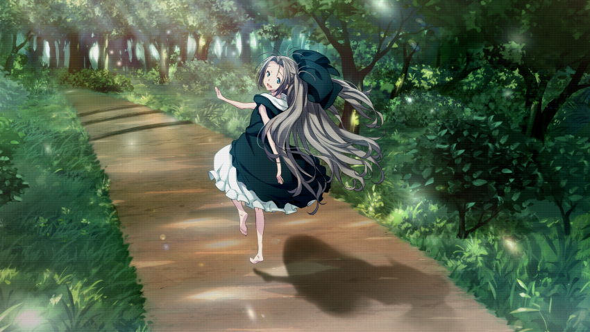1girl, antenna_hair, bare_legs, barefoot, black_dress, blue_bow, blue_eyes, bow