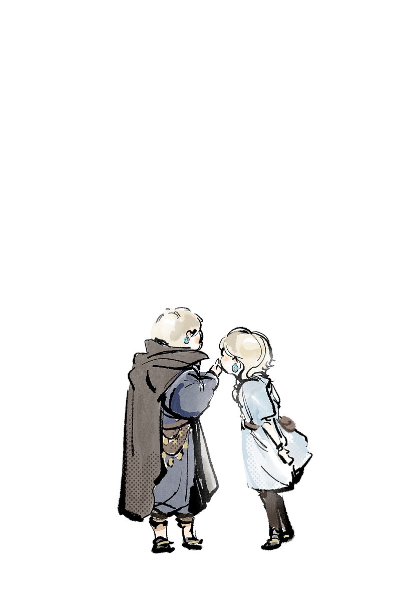 1boy, 1girl, aged_down, blonde_hair, brother_and_sister, cape, dress, duchess_(elden_ring), earrings, elden_ring, elden_ring_nightreign, highres, jewelry, long_hair, short_hair, siblings, simple_background, temporoyales, white_background, wylder_(elden_ring)