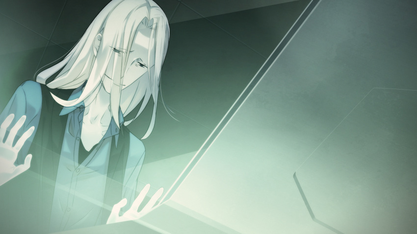 1boy, against_glass, bags_under_eyes, black_vest, blonde_hair, blue_shirt, collarbone, crying
