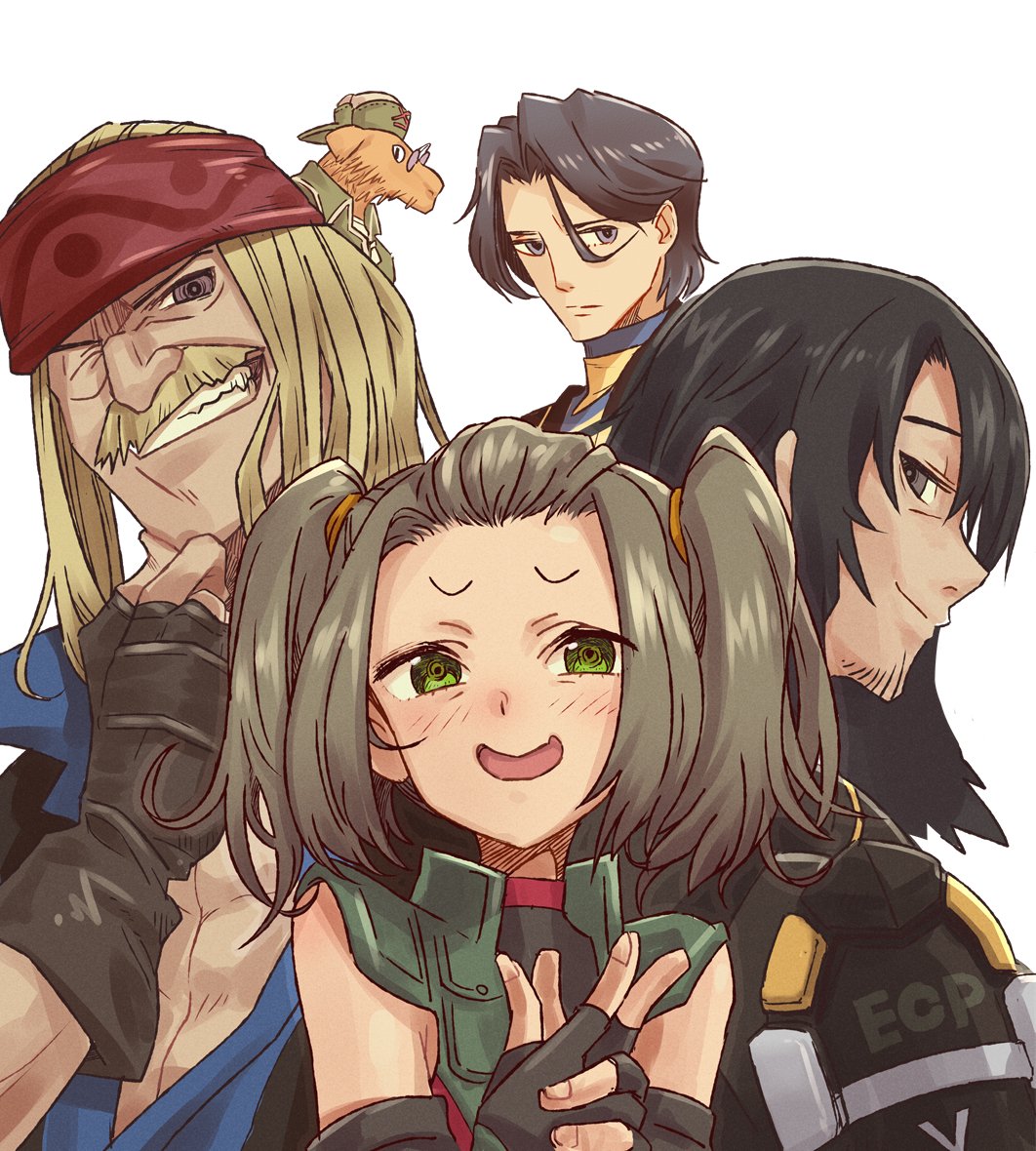 1girl, 4boys, black_gloves, black_hair, blonde_hair, blue_shirt, blush, brown_hair, commentary, dickson_(xenoblade), eushima_(sgr), facial_hair, fingerless_gloves, glasses, gloves, green_eyes, green_vest, hammer_(xenogears), headband, kevin_winnicot, lao_huang, long_hair, looking_at_viewer, loose_hair_strand, multiple_boys, mustache, one_eye_closed, red_headband, round_eyewear, shania_(xenoblade), shirt, short_hair, smile, spoilers, trait_connection, twintails, vector_industries_uniform, vest, xenoblade_chronicles_(series), xenoblade_chronicles_1, xenoblade_chronicles_3, xenoblade_chronicles_x, xenogears, xenosaga, xenosaga_episode_iii