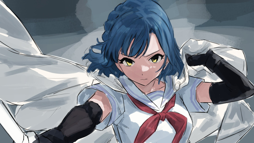 1girl, arm_up, black_gloves, blue_hair, bra, cape, closed_mouth, cobwvmeti, elbow_gloves, floating_hair, gloves, highres, idolmaster, idolmaster_million_live!, looking_at_viewer, mighty_sailor, nanao_yuriko, neckerchief, red_neckerchief, sailor_collar, school_uniform, serafuku, serious, shirt, short_hair, short_sleeves, solo, underwear, upper_body, white_cape, white_sailor_collar, white_shirt, yellow_eyes