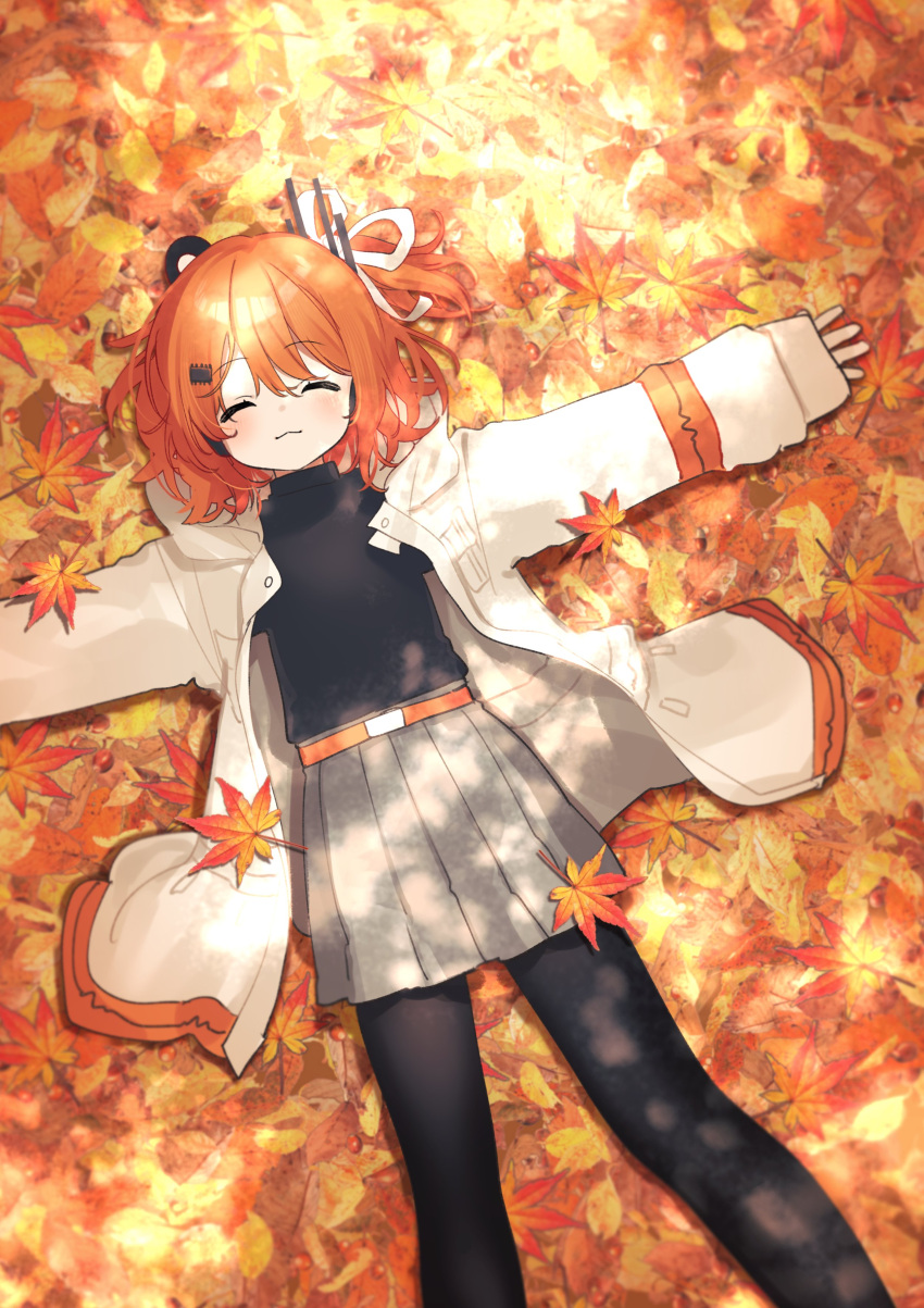 1girl, :3, a.i._voice, absurdres, adachi_rei, autumn, autumn_leaves, belt
