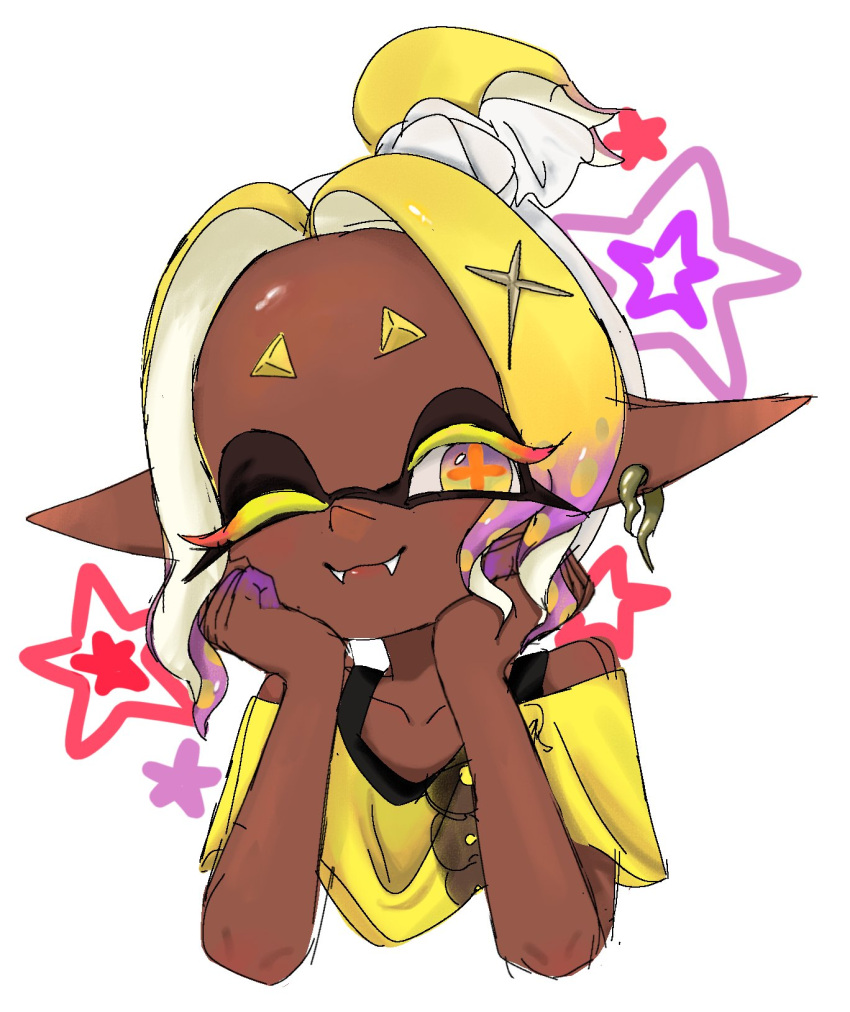 1girl, 4xb_3s2, blonde_hair, colored_eyelashes, dark-skinned_female, dark_skin, fangs, frye_(splatoon)