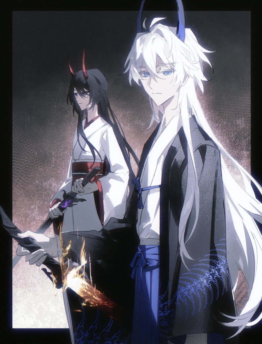 1boy, 1girl, acheron_(honkai:_star_rail), acheron_(izumo)_(honkai:_star_rail), blue_eyes, blue_horns, chinese_commentary, closed_mouth, couple, fire, from_side, gradient_background, hair_between_eyes, highres, holding, holding_sword, holding_weapon, honkai:_star_rail, honkai_(series), horns, japanese_clothes, katana, kevin_kaslana, kimono, long_hair, long_sleeves, looking_ahead, looking_at_viewer, looking_to_the_side, purple_hair, red_horns, red_sash, sash, standing, sword, tcuas, violet_eyes, weapon, white_hair, wide_sleeves