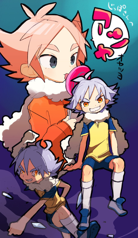ball, blue_eyes, candy, fubuki_atsuya, grin, inazuma_eleven, inazuma_eleven_(series), lollipop, makino_(c-electro), masano, pink_hair, scarf, short_hair, smile, soccer_ball, swirl_lollipop, white_hair, yellow_eyes
