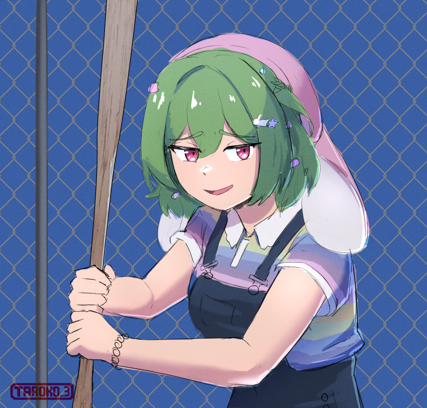 1girl, absurdres, animal_hat, baseball_cap, black_overalls, chain-link_fence, commentary, english_commentary