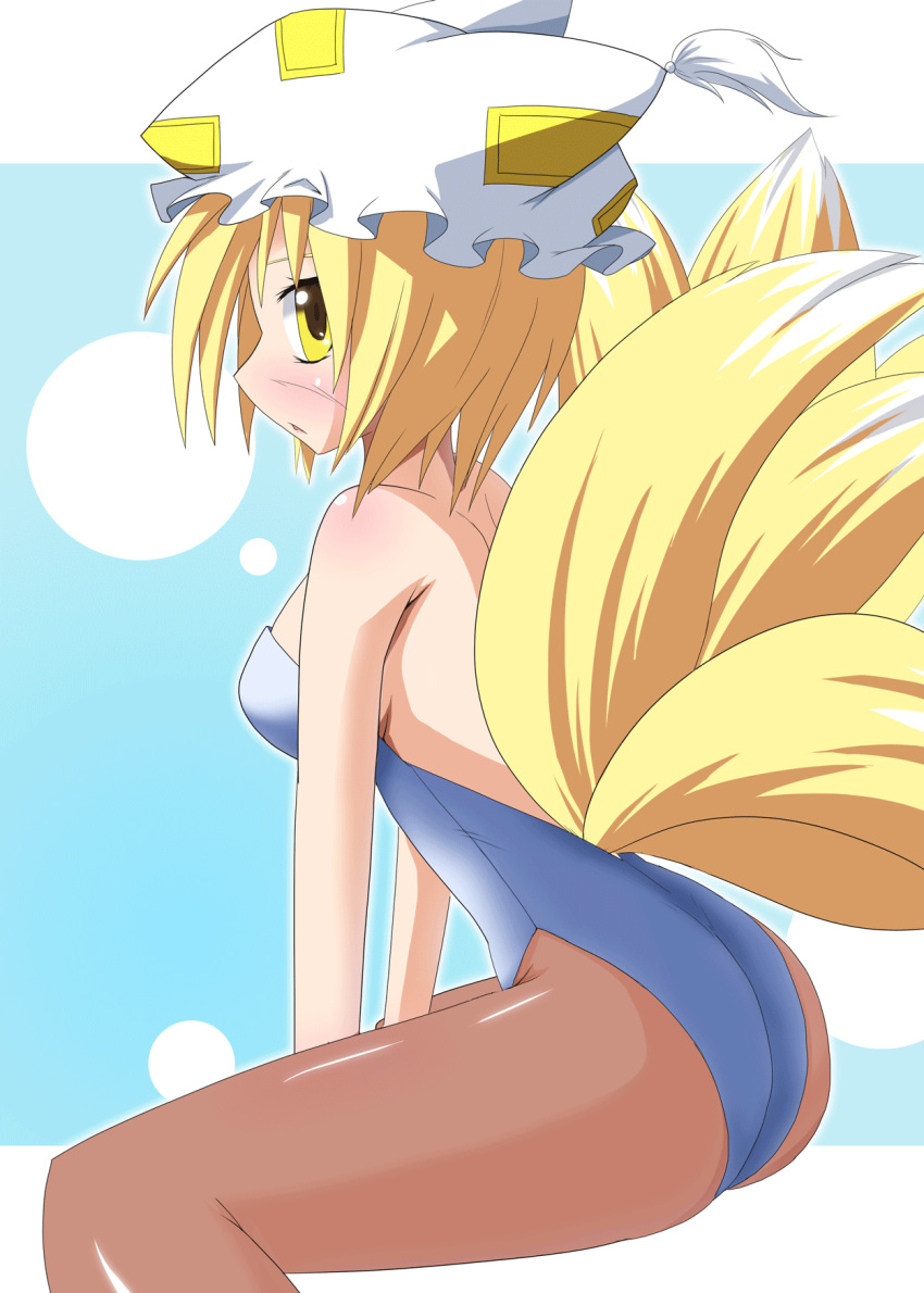 animal_ears, blonde_hair, fox_ears, fox_tail, hat, highres, leotard, multiple_tails