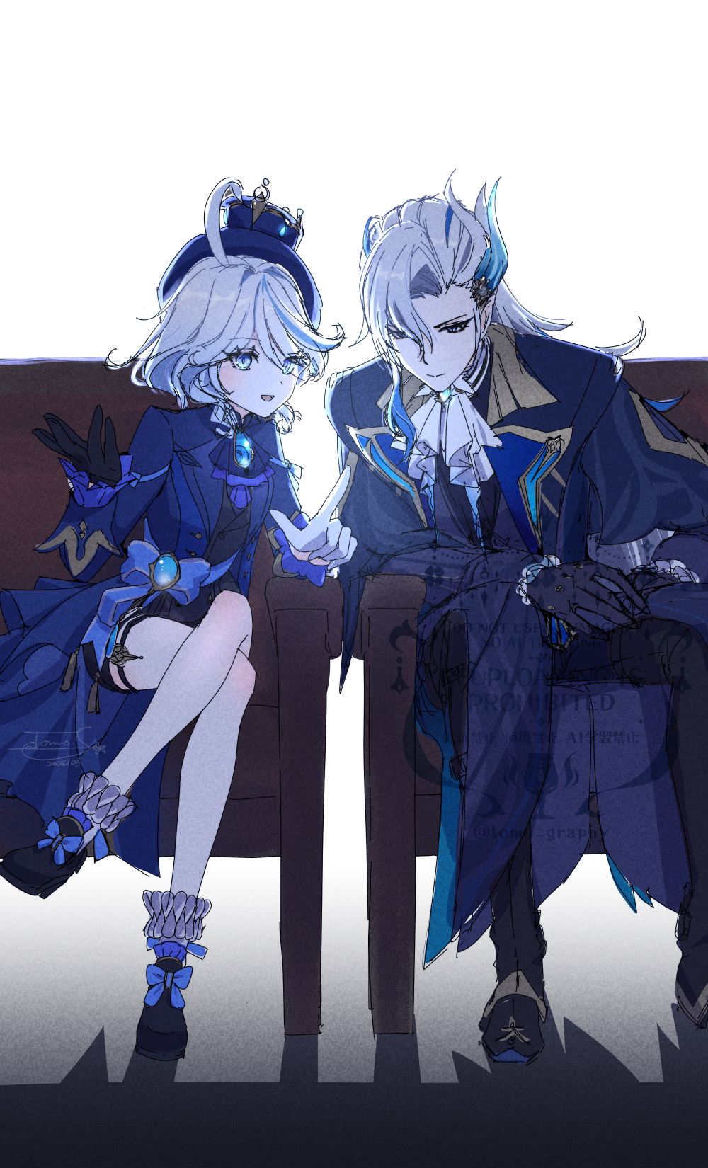 1boy, 1girl, ahoge, armchair, ascot, asymmetrical_gloves, black_gloves, black_pants