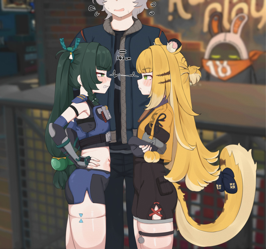 1boy, animal_ears, heartbee, ju_fufu, long_hair, multiple_girls, qingyi_(zenless_zone_zero), tiger_ears