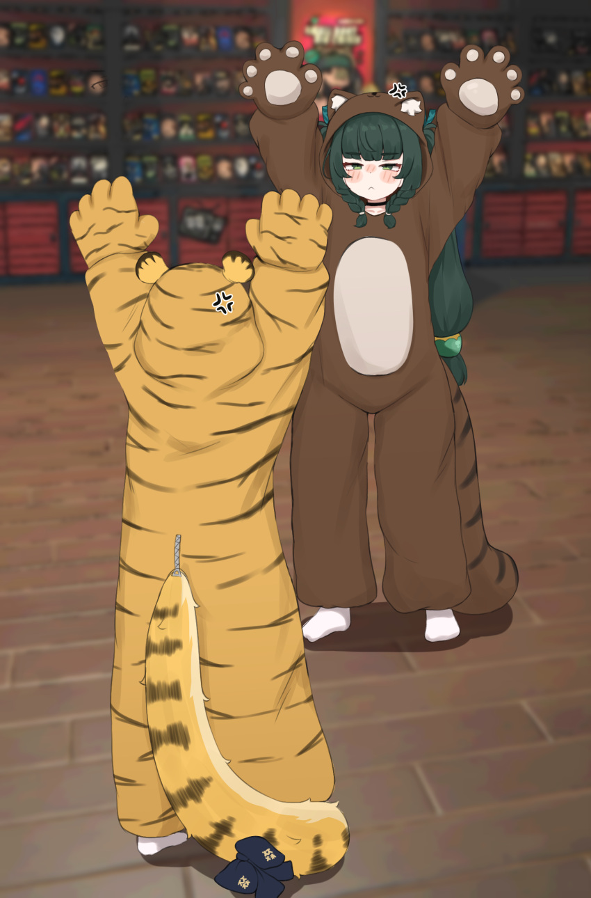 anger_vein, animal_ears, animal_hood, bear_hood, hands_up, heartbee, ju_fufu, long_hair