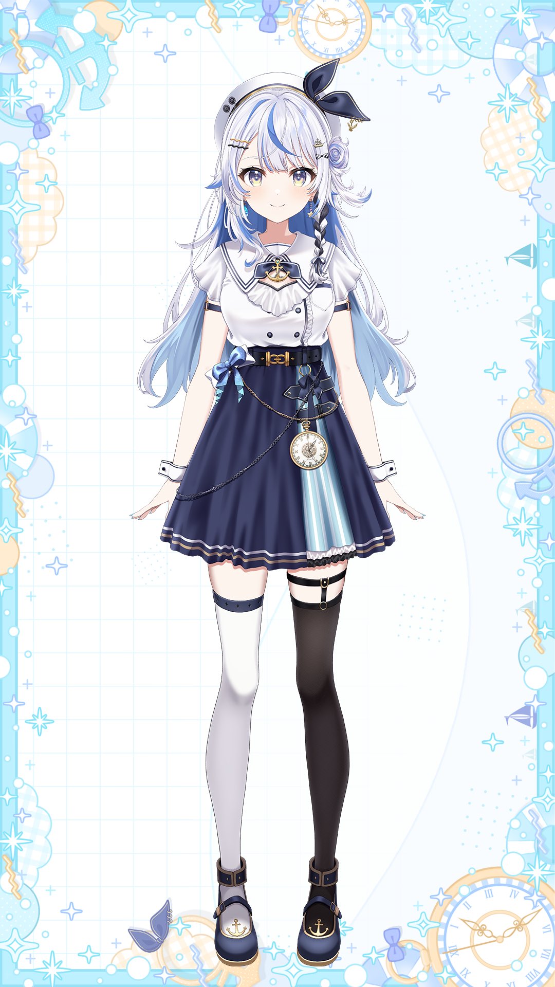 1girl, anchor_ornament, ankle_cuffs, arm_belt, arms_at_sides, asymmetrical_legwear, belt, beret