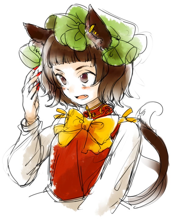 alternate_hairstyle, animal_ears, bad_id, bangs, blunt_bang, blunt_bangs, bowtie, brown_eyes, brown_hair, bust, cat_ears, cat_tail, chen, earrings, face, fang, hands, hat, jewelry, multiple_tails, nail_polish, short_hair, simple_background, sketch, solo, tail, touhou, yukizen