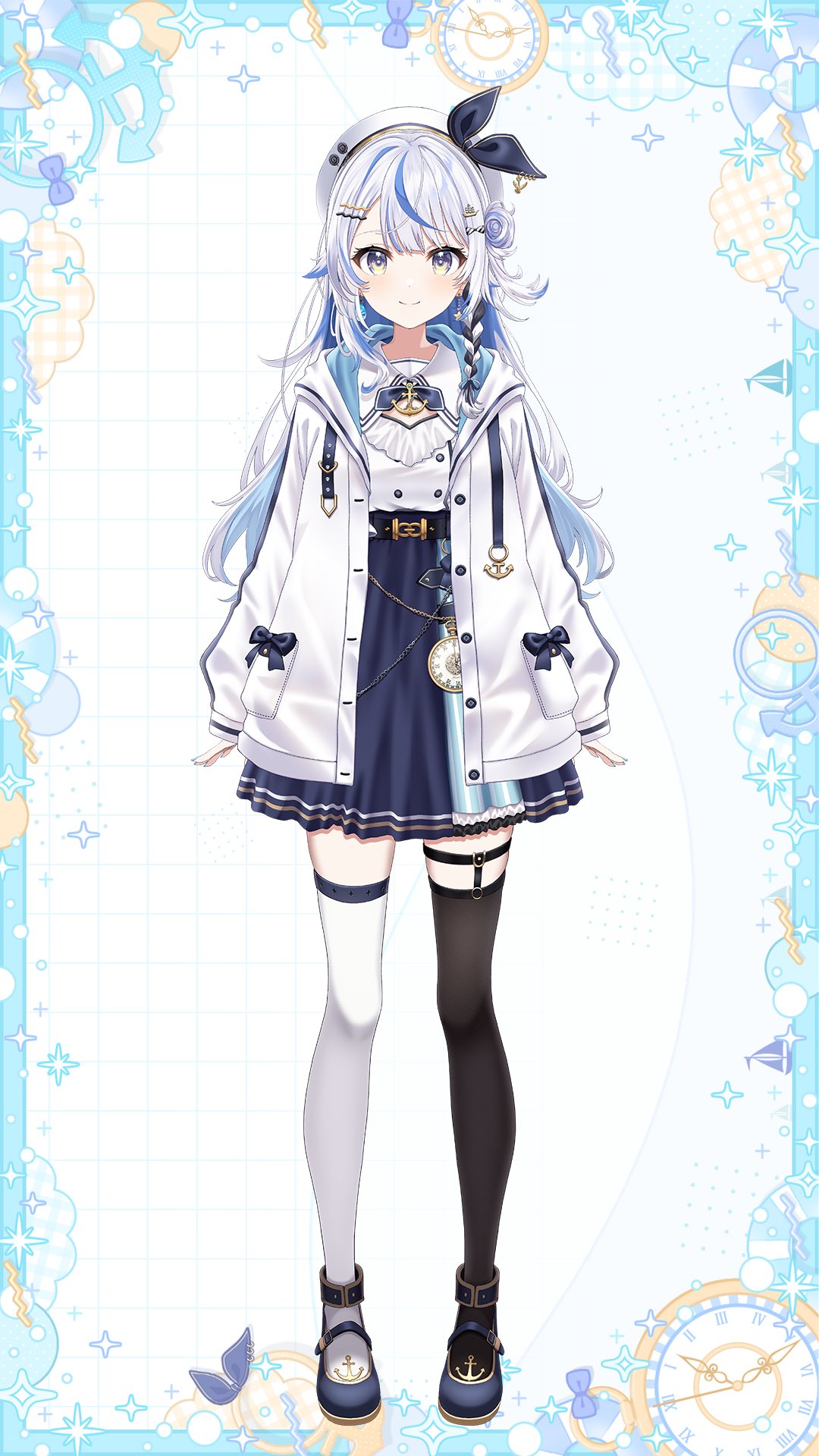 1girl, anchor_ornament, ankle_cuffs, arms_at_sides, asymmetrical_legwear, belt, beret, black_belt