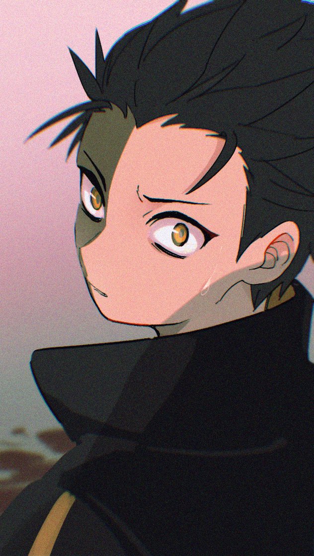 1boy, black_hair, black_jacket, brown_eyes, collared_jacket, commentary, film_grain, hair_slicked_back, jacket, kooda, looking_at_viewer, male_focus, natsuki_subaru, nervous_sweating, parted_lips, popped_collar, re:zero_kara_hajimeru_isekai_seikatsu, short_hair, short_sideburns, solo, sweat, upper_body, wide-eyed