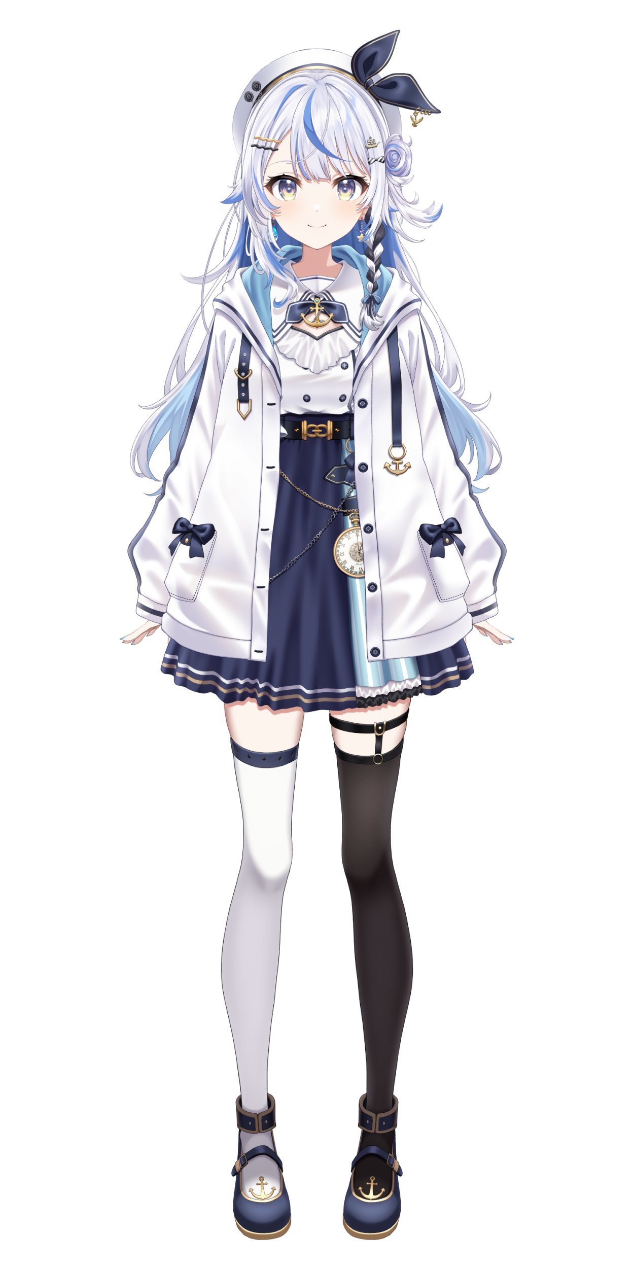 1girl, absurdres, anchor_ornament, ankle_cuffs, arms_at_sides, asymmetrical_legwear, belt, beret