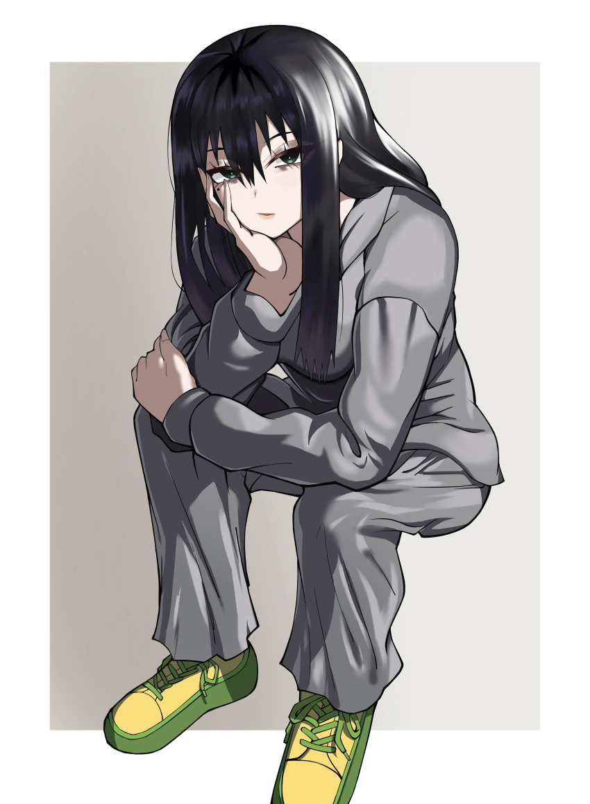 1girl, absurdres, arm_support, black_hair, border, cheek_rest, green_eyes, grey_sweatsuit
