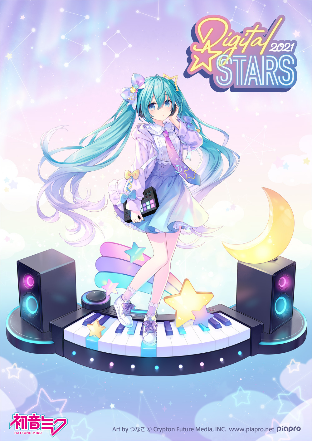 1girl, aqua_hair, artist_name, blue_bow, blue_skirt, bow, commentary_request, copyright_name