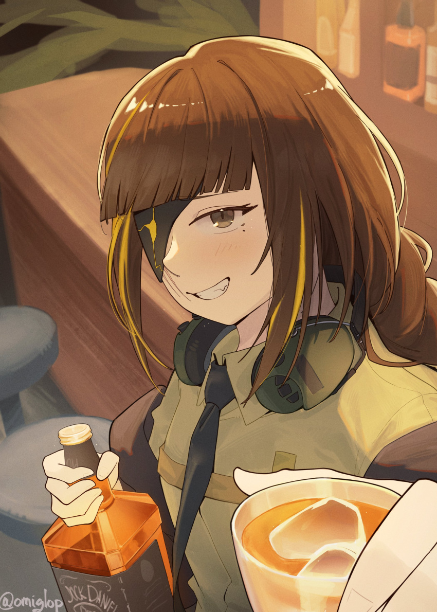 absurdres, bar_(place), black_jacket, black_necktie, blunt_bangs, bottle, braid, brown_eyes