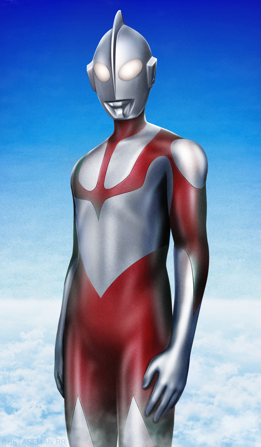 1boy, absurdres, alien, arms_at_sides, blue_sky, clouds, cloudy_sky, colored_skin