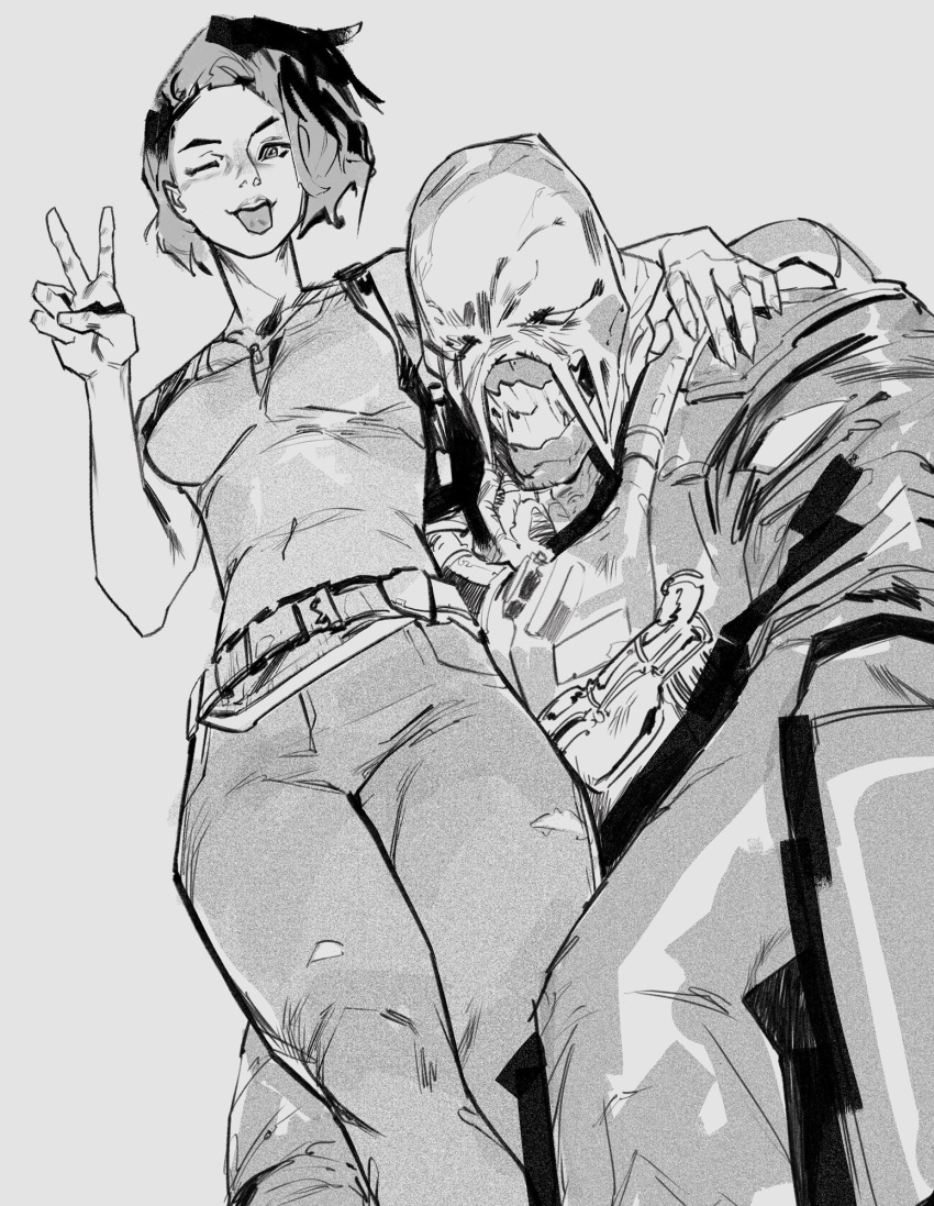 1boy, 1girl, felipe_magana, grey_background, greyscale, highres, jill_valentine, monochrome