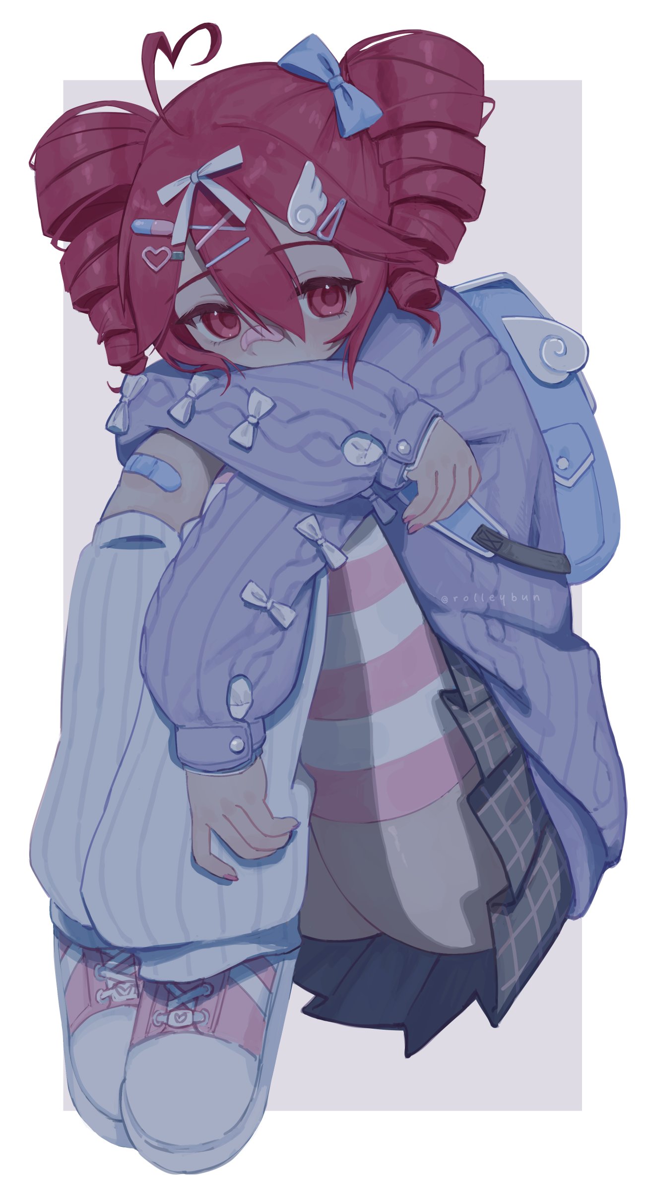 1girl, absurdres, ahoge, alternate_costume, arm_rest, backpack, bag, blue_bag