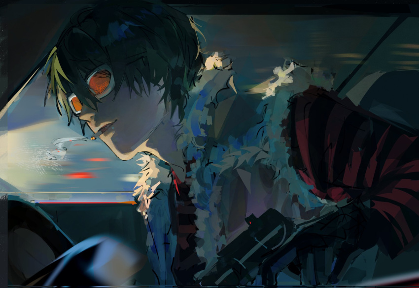 1boy, black_gloves, cigarette, death_note, fur-trimmed_jacket, fur_collar, fur_trim, gloves, hair_between_eyes, highres, jacket, long_sleeves, male_focus, matt_(death_note), rain_(neporain), shirt, short_hair, smoke, smoking, solo, striped_clothes, striped_shirt, tinted_eyewear, white-framed_eyewear, yellow-tinted_eyewear