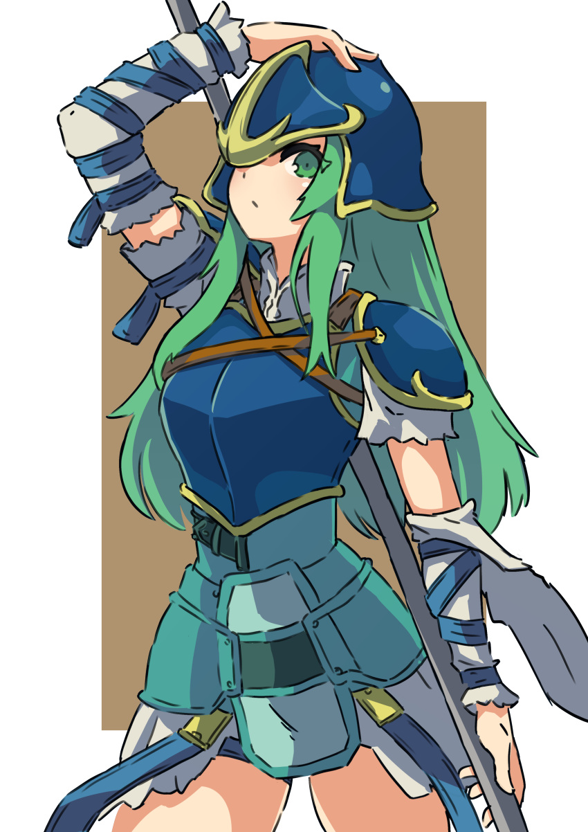 1girl, absurdres, armor, blue_helmet, breastplate, cianter, closed_mouth, cowboy_shot