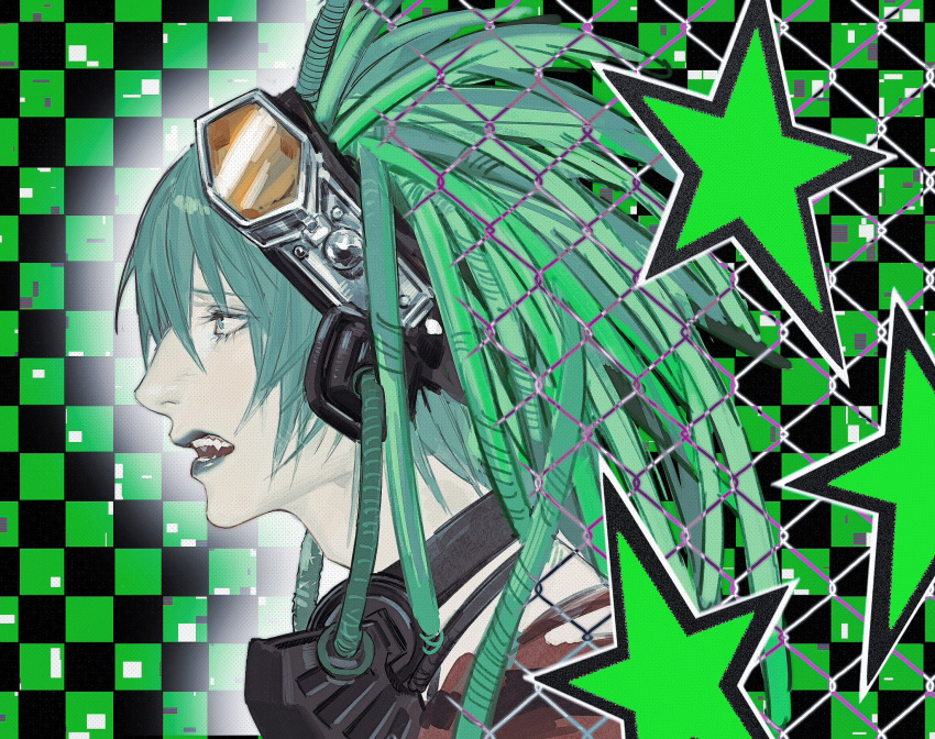 alternate_costume, aqua_eyes, aqua_hair, aqua_lips, checkered_background, death_note, death_note_(object), dreadlocks