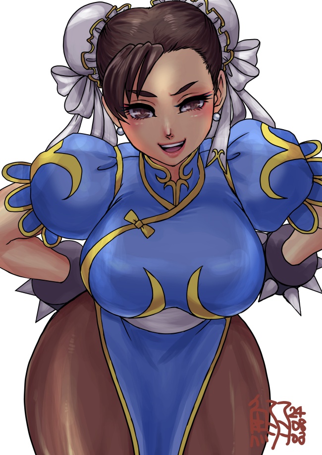 1girl, brown_hair, chun-li, earrings, forehead, jewelry, open_mouth, pantyhose