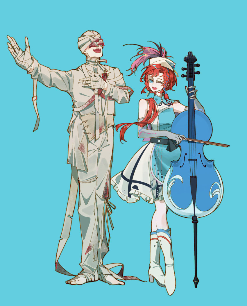 1boy, 1girl, :d, absurdres, arm_up, bandaged_hand, bandaged_head, bandages, barcarola_(reverse:1999), bare_shoulders, barefoot, blue_background, blue_dress, blue_eyes, boots, bow_(music), covered_eyes, crossed_legs, double_bass, dress, elbow_gloves, full_body, gloves, grey_gloves, hand_on_own_chest, hanze, hat, hat_feather, highres, holding, holding_bow_(music), instrument, looking_at_another, medium_dress, open_mouth, pants, reverse:1999, shirt, sleeveless, sleeveless_dress, smile, the_idealist_(reverse:1999), two-tone_dress, white_boots, white_dress, white_hat, white_pants, white_shirt