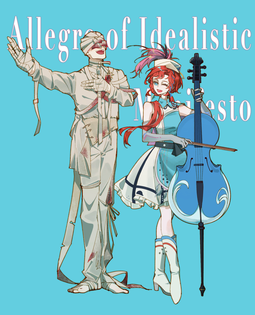 1boy, 1girl, :d, absurdres, arm_up, bandaged_hand, bandaged_head, bandages