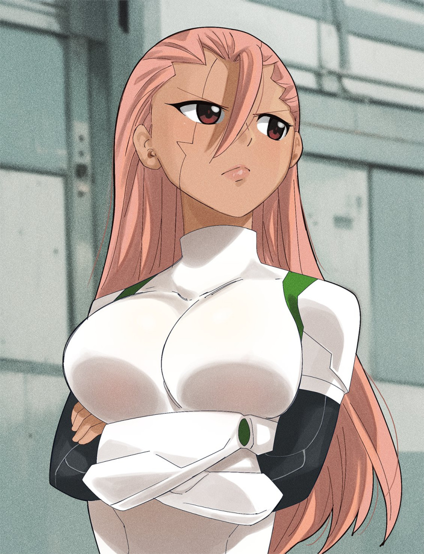 1girl, bodysuit, brown_eyes, crossed_arms, dark-skinned_female, dark_skin, eden's_zero, gaston18, hair_between_eyes, highres, long_hair, looking_to_the_side, pink_hair, solo, upper_body, valkyrie_yuna, white_bodysuit