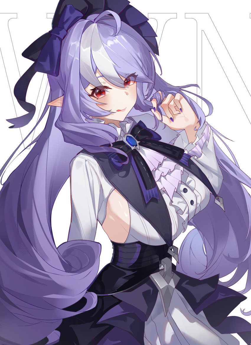 1girl, absurdres, ascot, black_nails, bow, bowtie, breasts, drill_hair