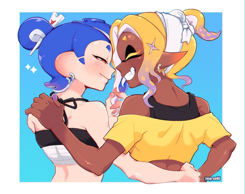 2girls, blonde_hair, blue_hair, chest_sarashi, closed_eyes, colored_extremities, colored_eyelashes, crop_top, cropped_shirt, dark-skinned_female, dark_skin, earrings, engram66, fang, fish_hook_earrings, from_behind, frye_(splatoon), frye_(splatoon_raiders), gradient_hair, hand_on_another's_shoulder, hand_on_another's_waist, highres, inkling, jewelry, multicolored_hair, multiple_girls, octoling, outside_border, pointy_ears, red_eyes, sarashi, shirt, shiver_(splatoon), shiver_(splatoon_raiders), short_eyebrows, smile, splatoon_(series), splatoon_raiders, tentacle_hair, yellow_shirt