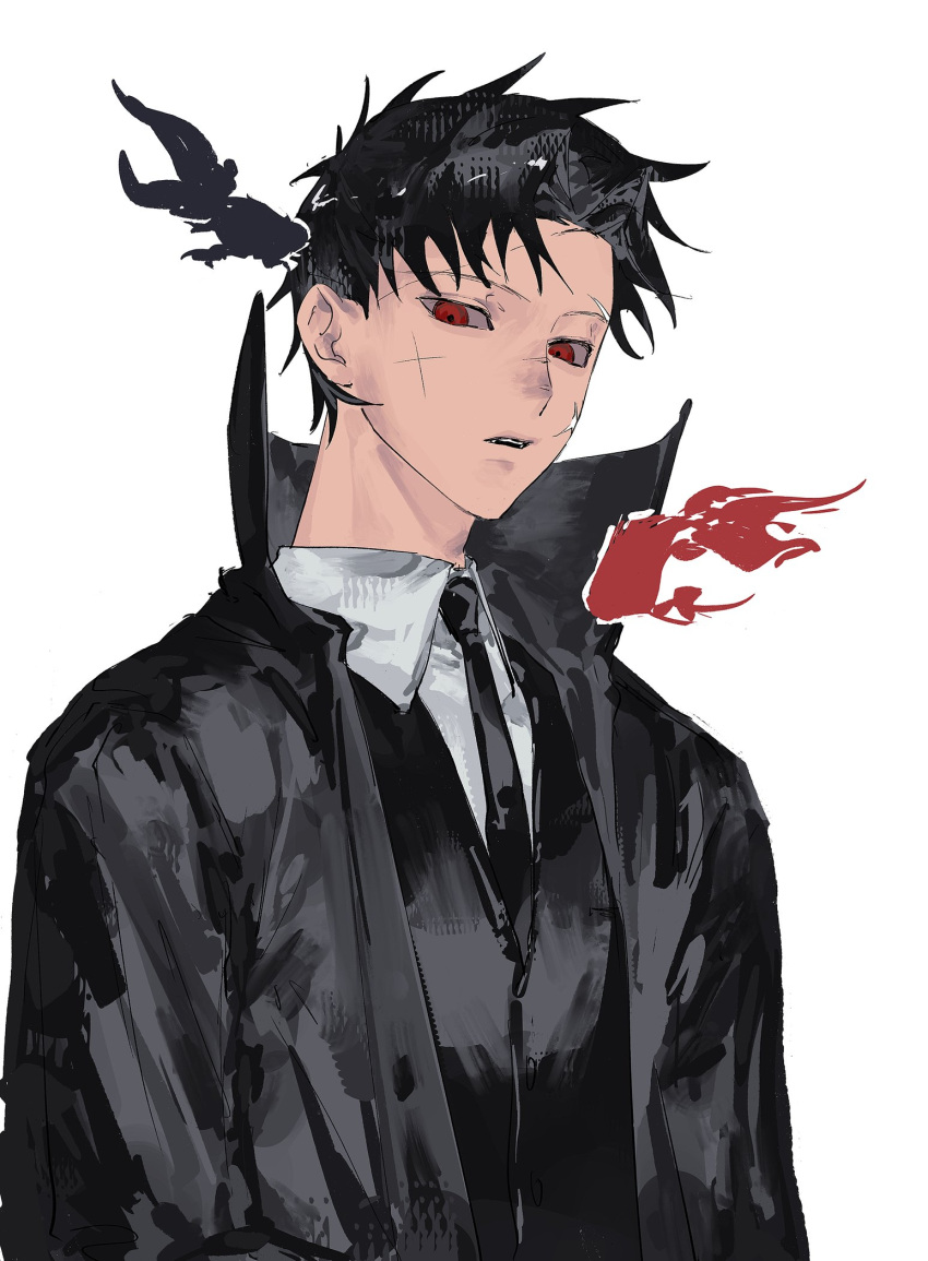 1boy, black_coat, black_hair, black_suit, coat, collared_shirt, highres, kagurabachi