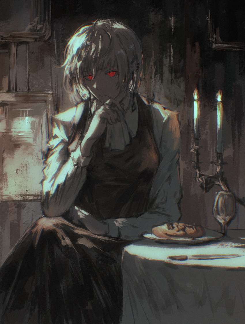 1girl, absurdres, black_dress, candle, candlestand, chainsaw_man, dress, earrings